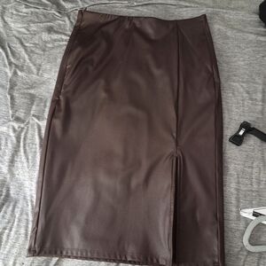 Polilush Faux Leather Pencil Skirt with Front Slit - Dark Brown. New.